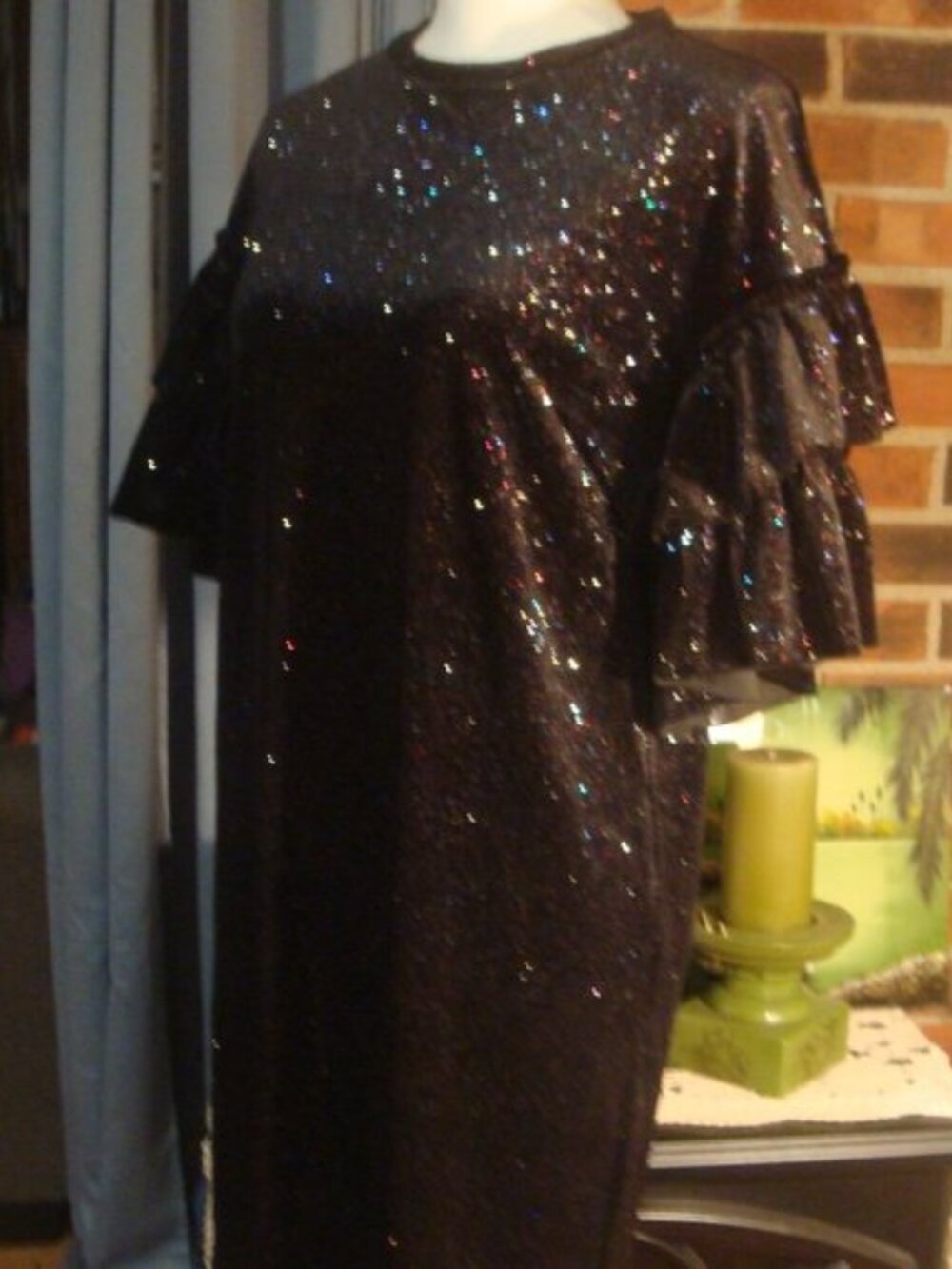 H&M Velour Black SPARKLE Ruffle Sleeve Party Dress XS - Picture 6 of 8